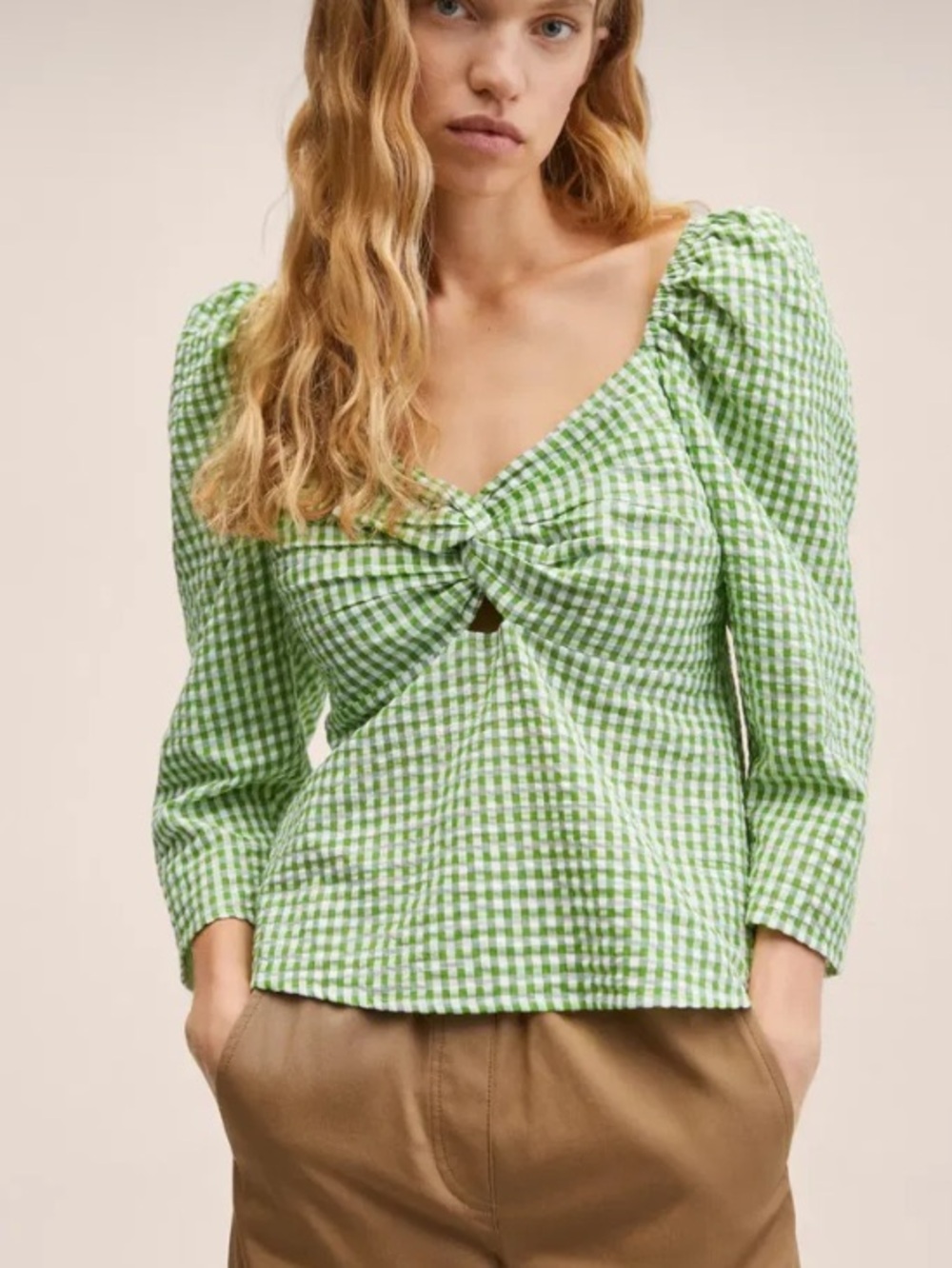 Mango Green Gingham Knot-Front Puff Sleeve Blouse
